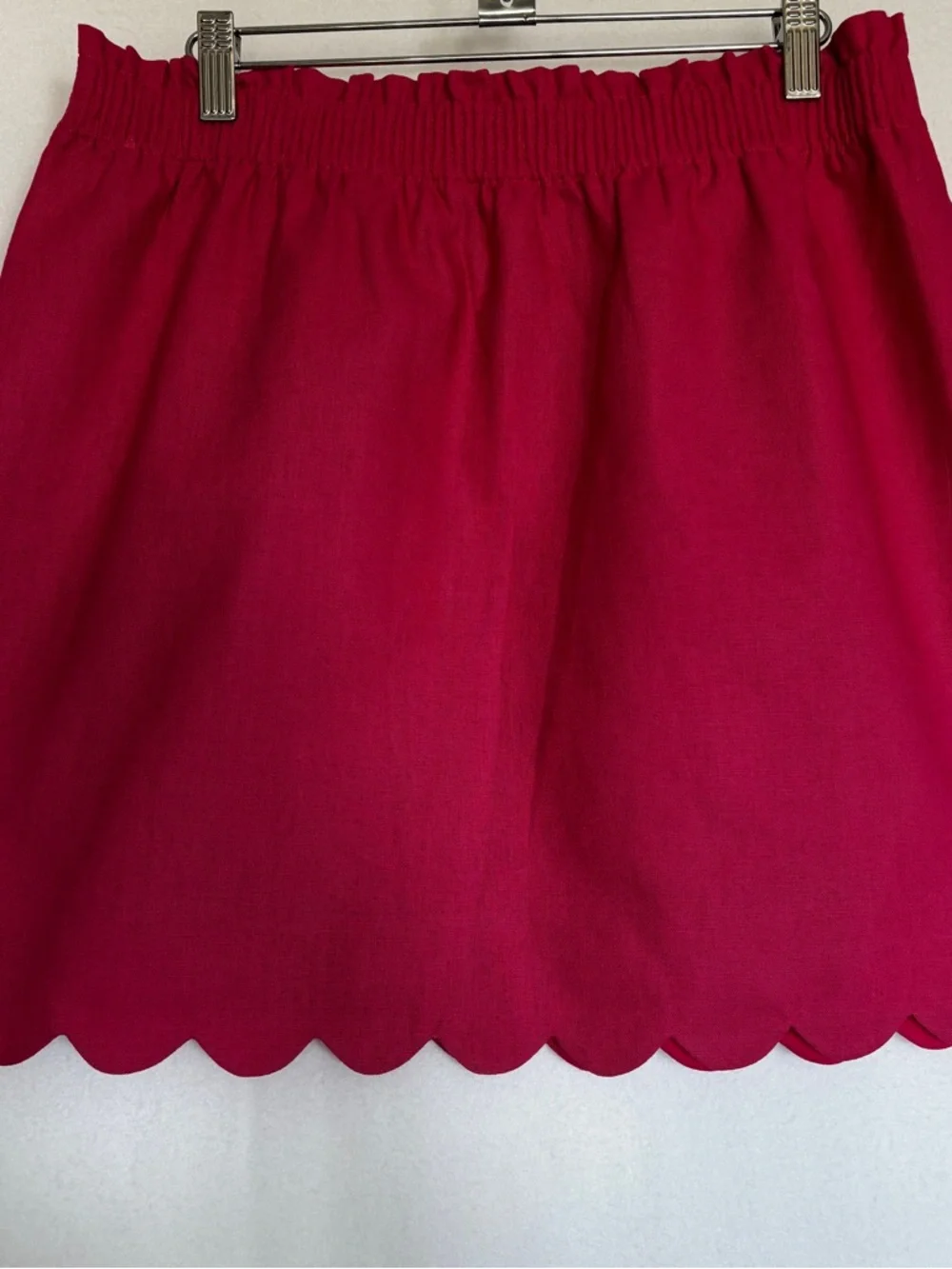 J. Crew Bright Pink Scalloped Mini Skirt Size 10 Elastic Waist Lined Linen - Picture 2 of 8